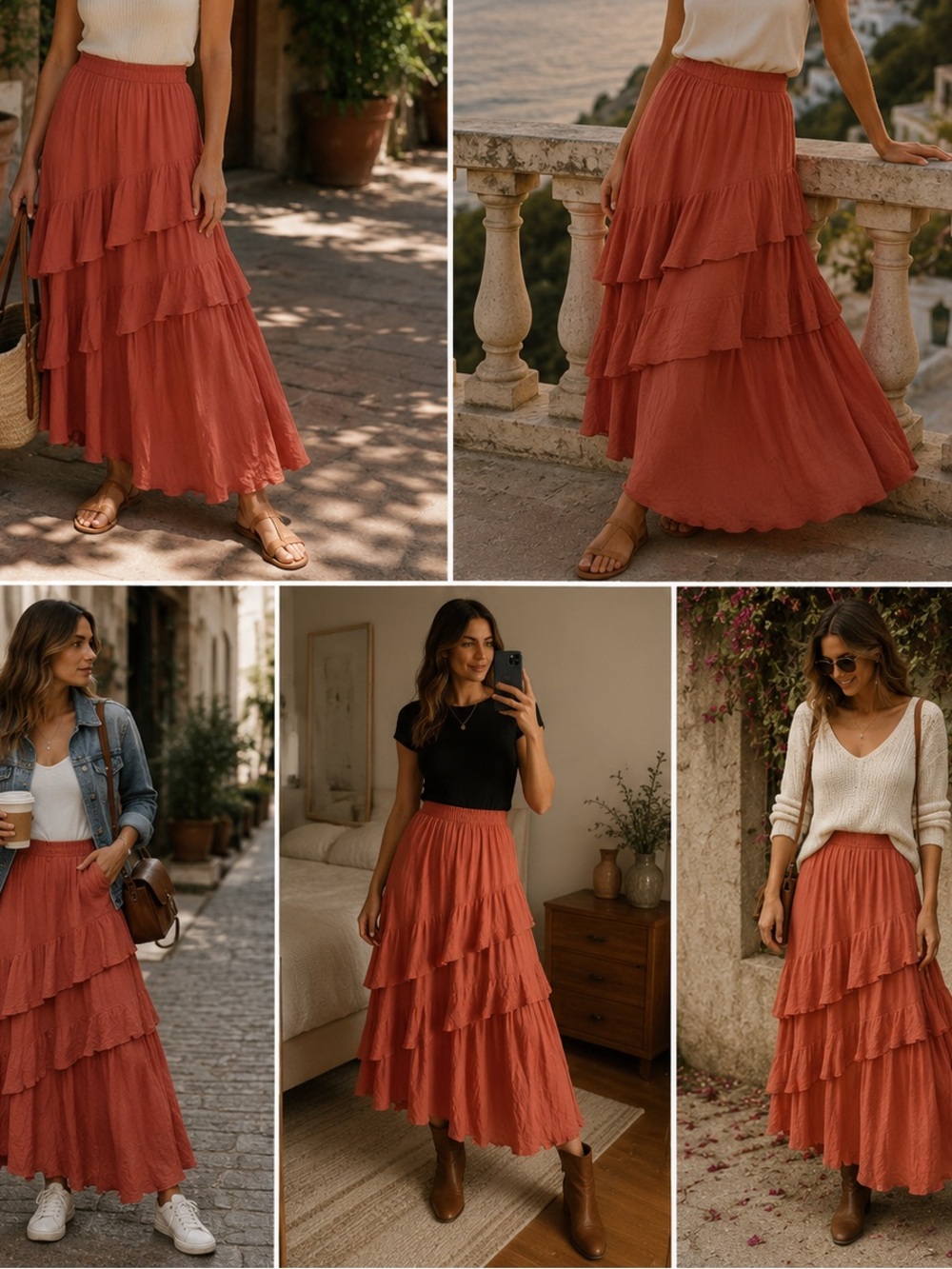 Tiered Ruffle Midi Skirt - Orange